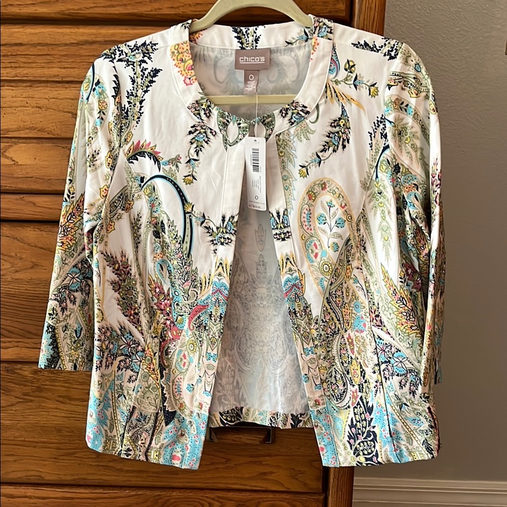 Chico's White and Blue Blazer with Paisley Pattern